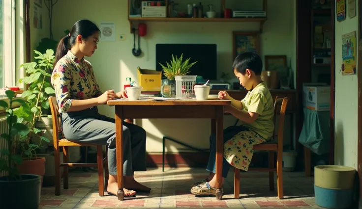 The Thai single mother is at home, sitting at a small table, working while keeping an eye on her  playing nearby. The house is modest, with simple decorations, and the mother appears tired but determined. The  plays with toys on the floor, and the scene sh...