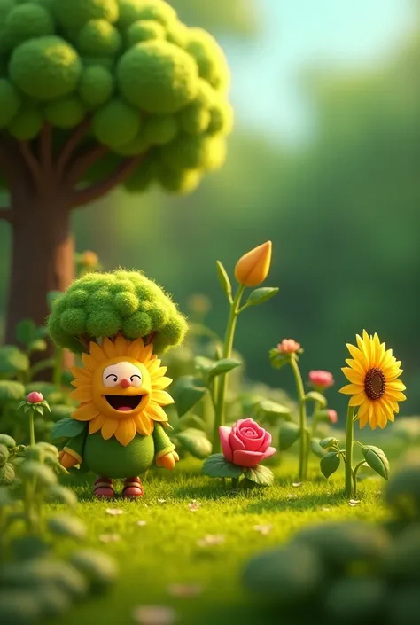 Cartoonic image of tiny garden, lived  Sunflower, Oak, small the Rose, small the Lily, and little Bud the Baby Bean. In 3d animation 