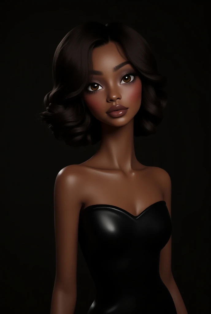 beautiful,  skinny mulatto girl with wavy long brown hair.  brown eye , lips are small , in a black coated dress  