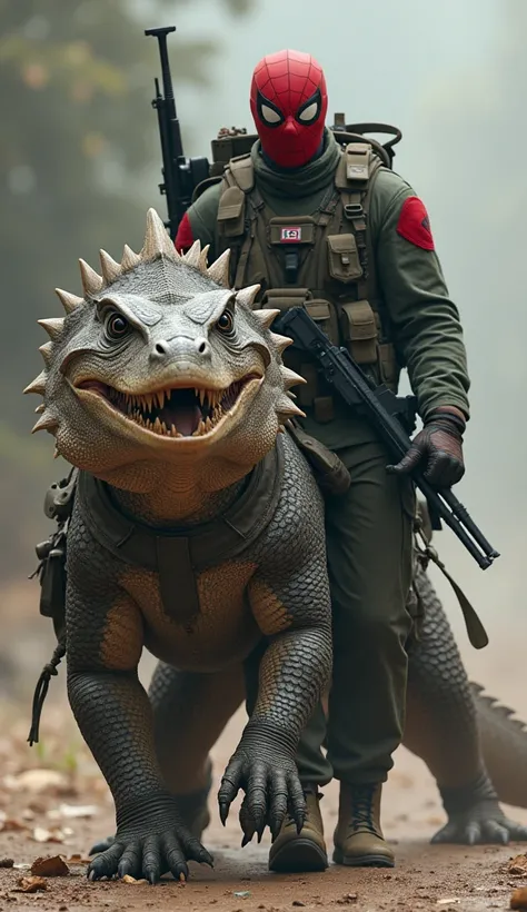 Spiderman complete with army uniform carrying complete weapons, walking with a giant Komodo dragon like a soldier complete with army equipment, all of them look dignified and strong.