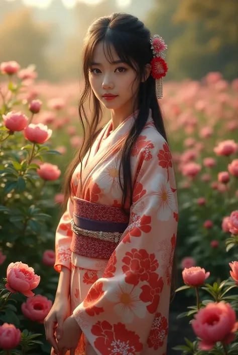 A beautiful young Japanese girl with long dark hair, wearing a traditional Japanese kimono with a floral design of peonies, standing in a lush garden filled with blooming peony flowers, serene and elegant expression, high quality 8k resolution, detailed hy...