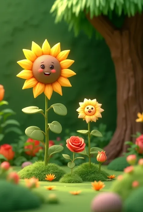 Cartoonic image of tiny garden, lived  Sunflower, Oak, small the Rose, small the Lily, and little Bud the Baby Bean. In 3d animation 