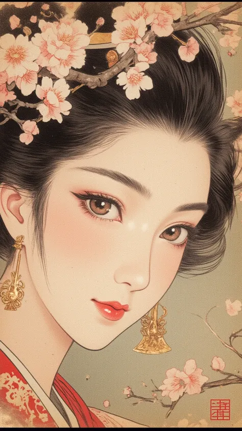 Ink Painting、Old paper texture、Damaged Paper、Old style、Faded colors、Close-up of face、A painting in which only the courtesan&#39;s eyes are visible as cherry blossoms fall across the entire screen、Blurred Painting