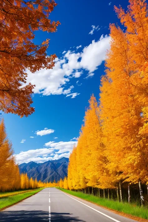 tmasterpiece，Ultimate quality，CG unity 8k wallpaper，Super delicate，Beautiful skies and clouds，Rich natural scenery，Autumn in Xinjiang，highways，Birch forest，snow mountains