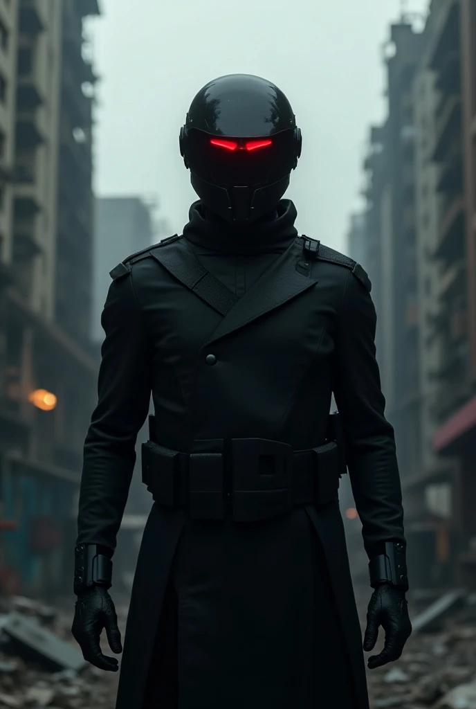 Future soldier in black dress,  with a black helmet ,  with a face mask ,  with a bright red display , dystopian, gloomy, Whole body, In the city, realistic, Very realistic , photograph