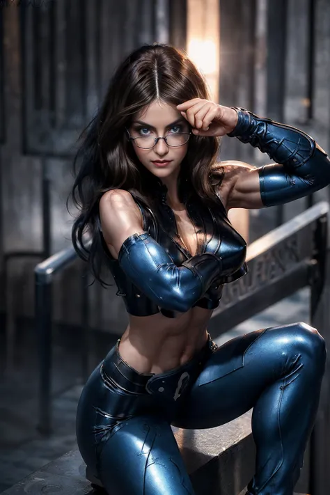 stunning, (flexing bicep pose:1.4), (alexandra daddario), long flowing black hair, blue eyes, seductively smiling, flirtatious, ...