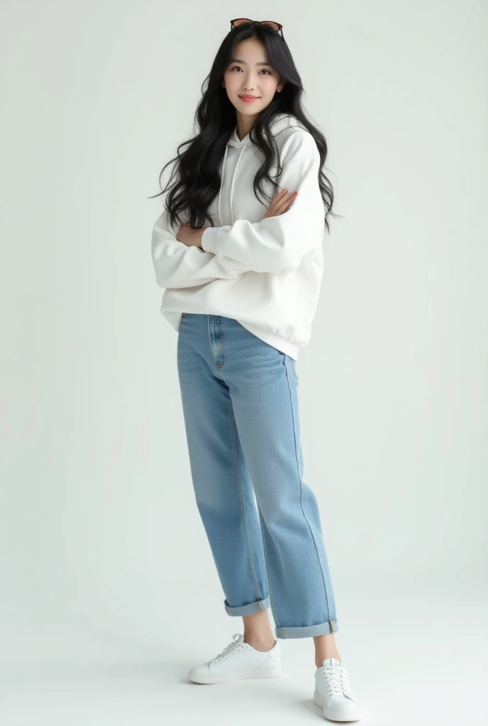 "A hyper-realistic image of a female K-pop style,  Korean beauty with long black hair and soft waves at the tips.  Shes wearing a white hoodie , jeans,  white sneakers . Wearing sunglasses on head, Shes smiling with her arms crossed  ."