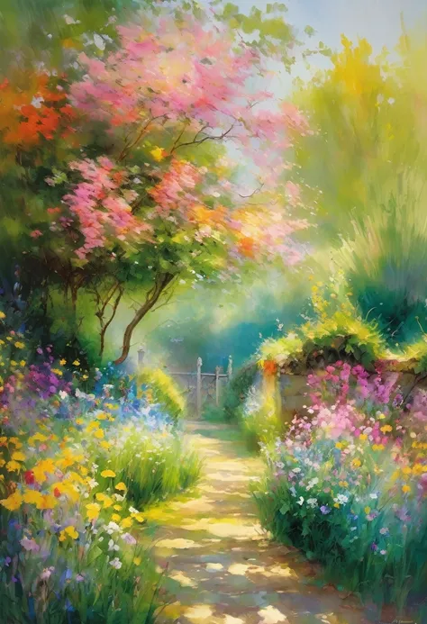 (highest quality、4K、8k、High resolution、masterpiece:1.2)、Super detailed、Real、Inspired by Monet、Impressionist masterpiece、oil、Beautiful detailed brushwork、Colorful flowers、Breathtaking landscapes、Peaceful garden scene、wood々Sunlight shining through、Reflection...