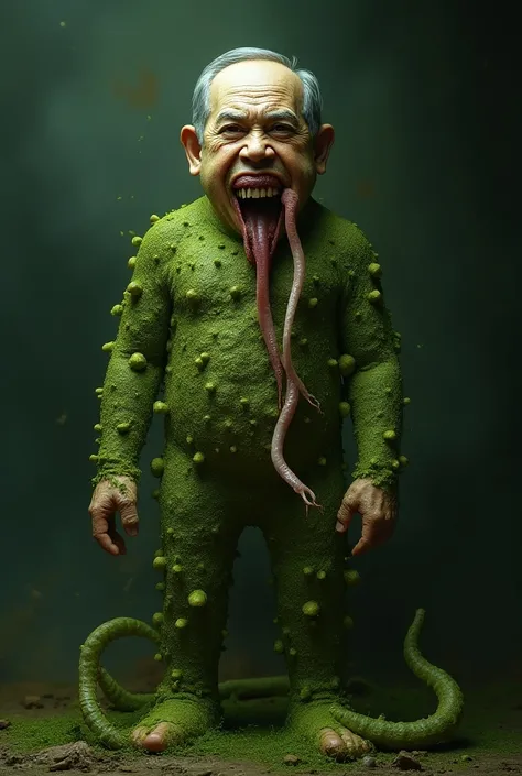 Prime Minister of Israel netanyahu looking lie parasite his body is fully covered with green fungus he has long tongue and teeth like snake worms are crawling on his body he face should be identify front photo 