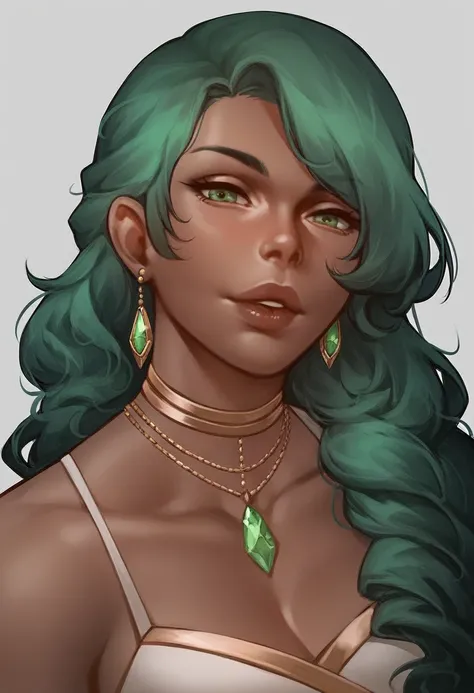 score_9_up, score_8_up, score_7_up,score_6_up, score_5_up, score_4_up, rating_questionable, Source_anime, emerald from rwby, uncensored, full lips, green hair, dark brown skin, zPDXL2,
