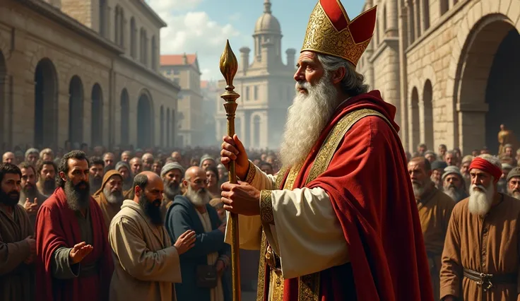 Saint Malachy, aged 55 to 65 ,  with his imposing long beard and white hair visible under the classic bishops hat, is in a square filled with faithful ,  preaching on the teachings of Christ .  He holds his golden staff firmly while gently gesturing ,  att...