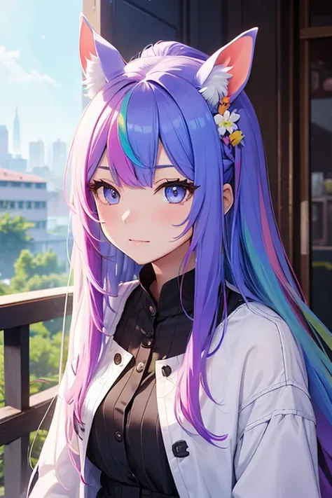 Horse Girl、Horse ears、Rainbow hair colour、 long hair、Odd Eye、best quality,