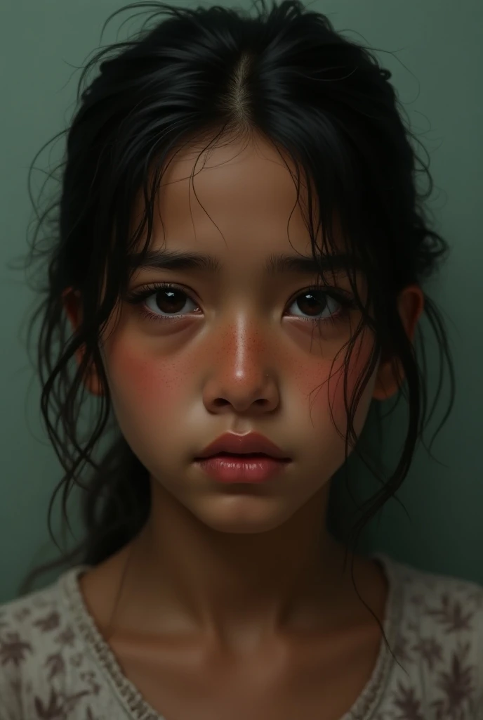 Draw a sad hyperrealism cuban 8th grader girl