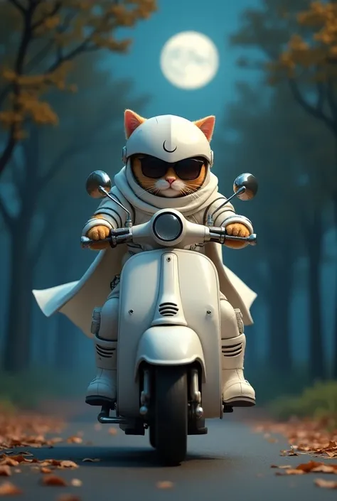 Brown cat、sunglasses、 white helmet with crescent moon badge、White Armor、White trousers、Handgun holster on the waist 、White Cape、White boots、 riding a large white scooter 、Tree-lined street、Fallen leaves、full moon、night