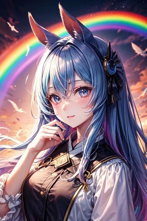 Horse Girl、Horse ears 、Rainbow hair colour、Gradient hair texture、Long Hair、Rainbow Eyes、whole body、Cute expression、