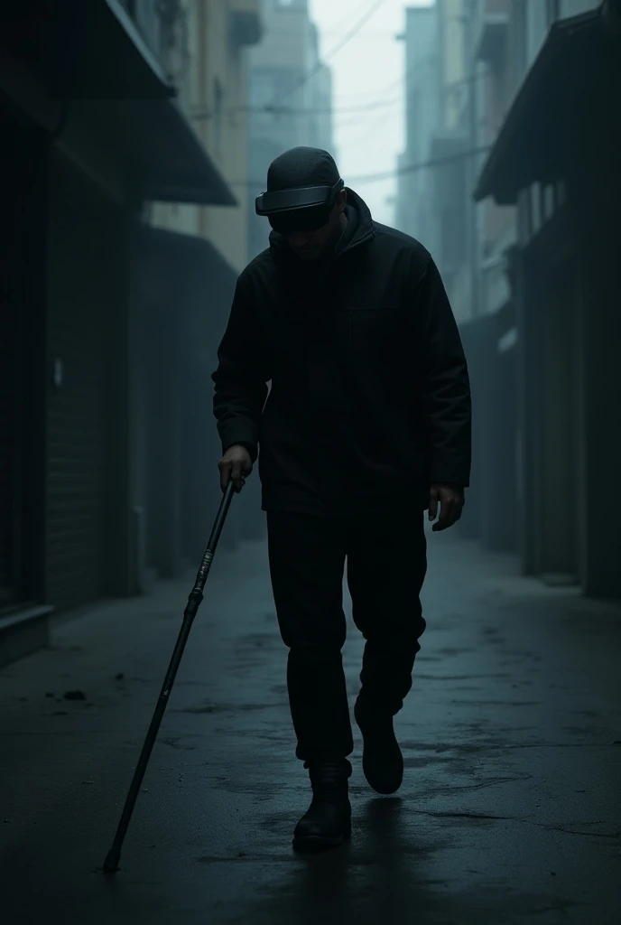 Blind man walking  wearing black goggles finding something with his stick