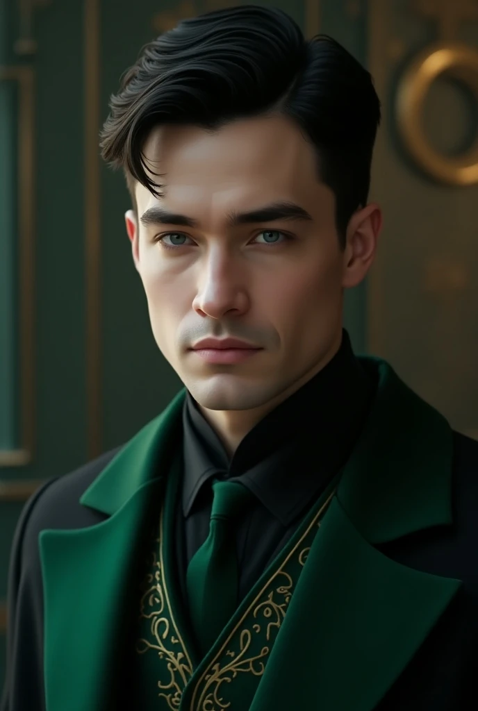  image of what an RP character from Harry Potter looks like, Slytherin , short black hair,  and white skin blue eyes ,  dresses like Slytherin , male man, older 25 years