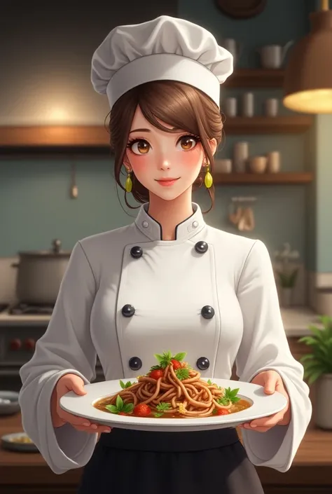 A chef with brown hair and updo who wears a pretty chefs hat and two locks on her face with brown eyes and a full body in a pretty chefs uniform who is happy or would be with discreet earrings and a pretty kitchen in the background or that she is holding a...