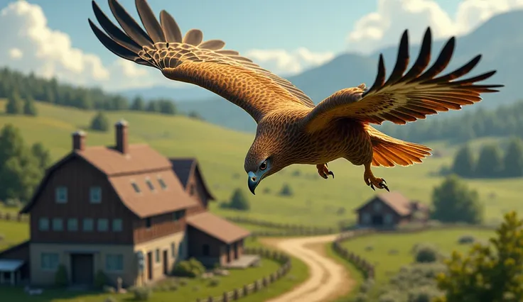 a 4-month-old golden eagle looking into the distance at the henhouse from the air, top view.