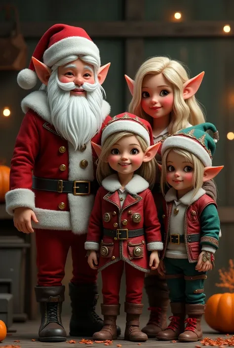 A family of santa Elfs workers, wearing elvish costumes, creating toys, A father, A Mother, A daughter, A son, happy taking a family photo shoot, high quality details, Character Sheet Full-Length, High Resolution, Looking at viewer, Long Hair, Breasts, Blo...