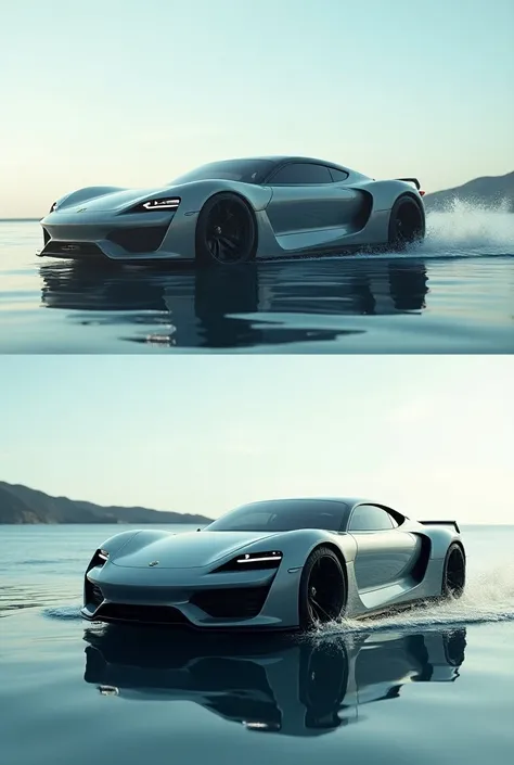 Make a car and boat in top frame and a porche car as a boat in bottom frame