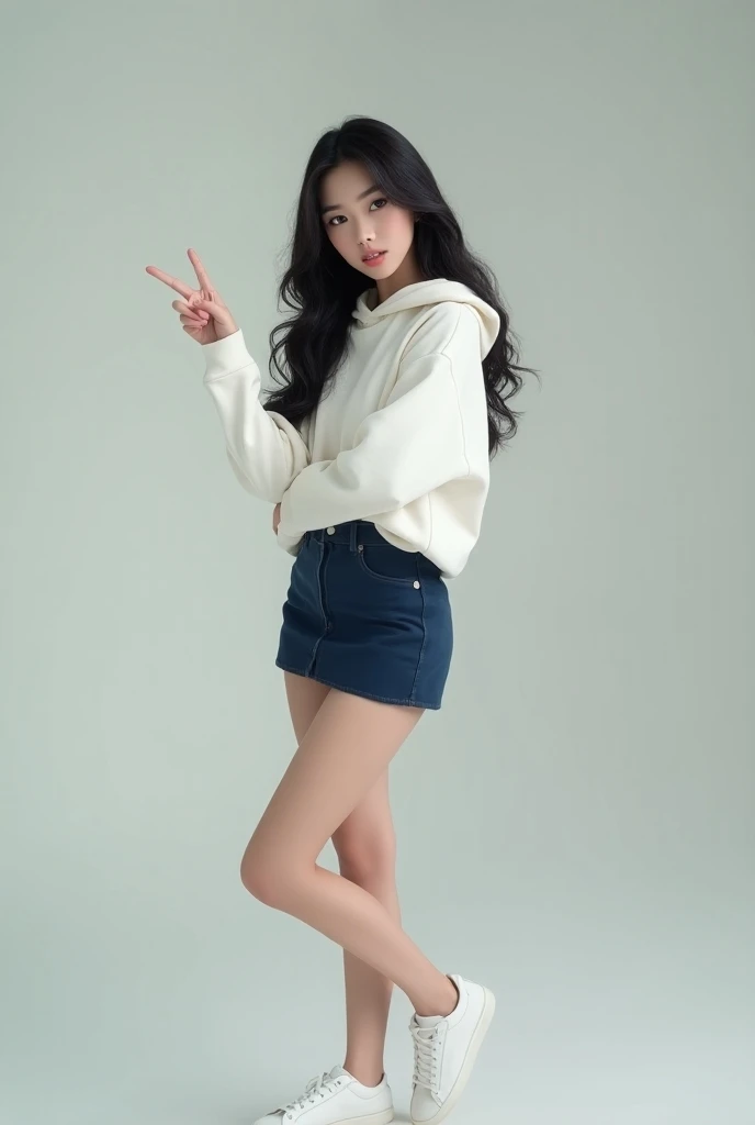 " super realistic image of a K-pop style woman , Korean beauty and long , Wavy black hair.  Arms crossed 、 wearing a white long-sleeved hoodie ,  navy blue mini skirt 、 white sneakers .  she poses with her right hand raised, Make a V sign."