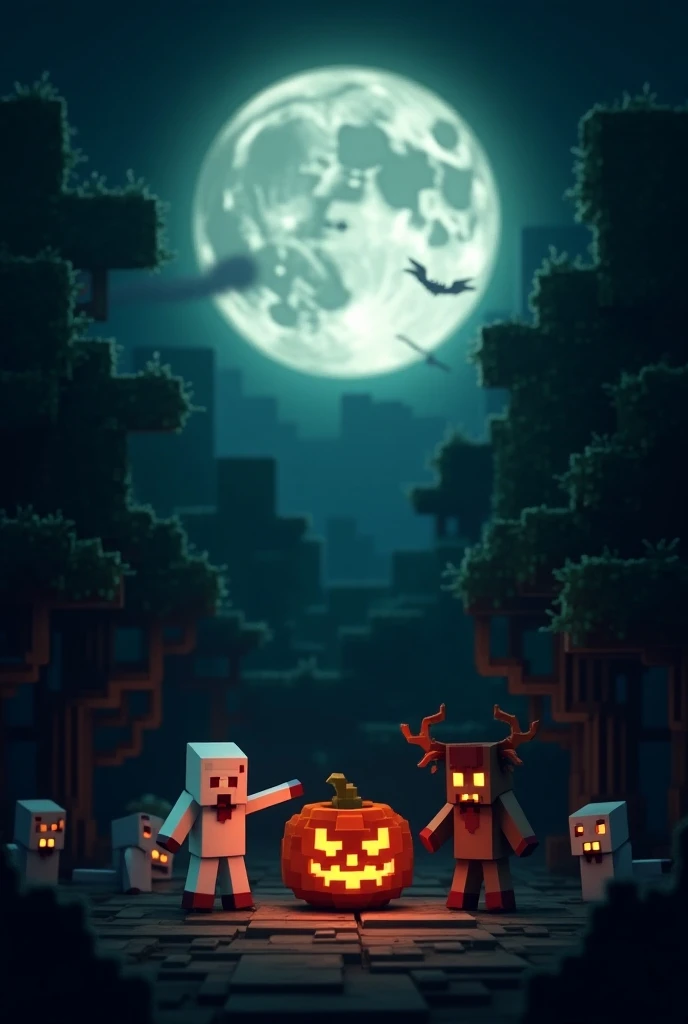 An image in the style of the Minecraft game graphics based on a Halloween environment in the form of a banner for a YouTube channel 