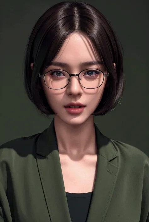 1girl, dark Brown hair, glasses, open mouth, small breasts, 152cm height, 27 years old, detailed face, black jaket on green shirt ,high resolution, photorealistic, japanese, masterpiece, (best quality, 4K, 8k, highres, ultra-detailed, realistic, photo-real...