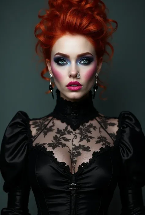 (( full body photo )), Full body shot of a woman, white platform high heel boots,  red hair, updo, gothic girl, blue eyeshadow, 30 years elegant woman, pale skin, Maroon neon pink, High-necked,  black shiny renaissance style satin dress with chinoiserie an...