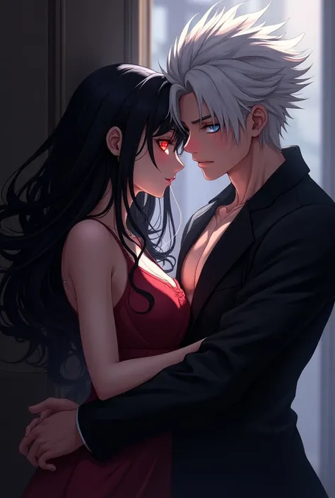 Sexy anime girl with long black hair and red eyes pinned against the wall by a cool anime boy with white hair and blue eyes, their fingers intertwined, hyper detailed, masterpiece, 8k, photorealistic, dramatic lighting, intense color palette, romantic atmo...