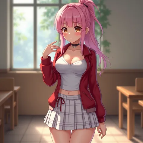 (masterpiece), (Best quality), (high contrast), (realistic), 1 girl, pink hair, ponytail hairstyle, bangs, (beautiful and detailed face: 1.0), brown eyes, female focus, red fitted school jacket, (tight clothes), white t-shirt, sensual cleavage, big breasts...