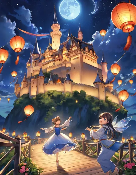 The castle in the fairy tale at night、A lantern dancing in the sky