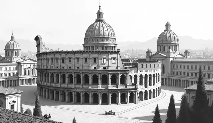 Draw with architectural strokes the Roman Coliceo with a set of Roman buildings in grayscale. 