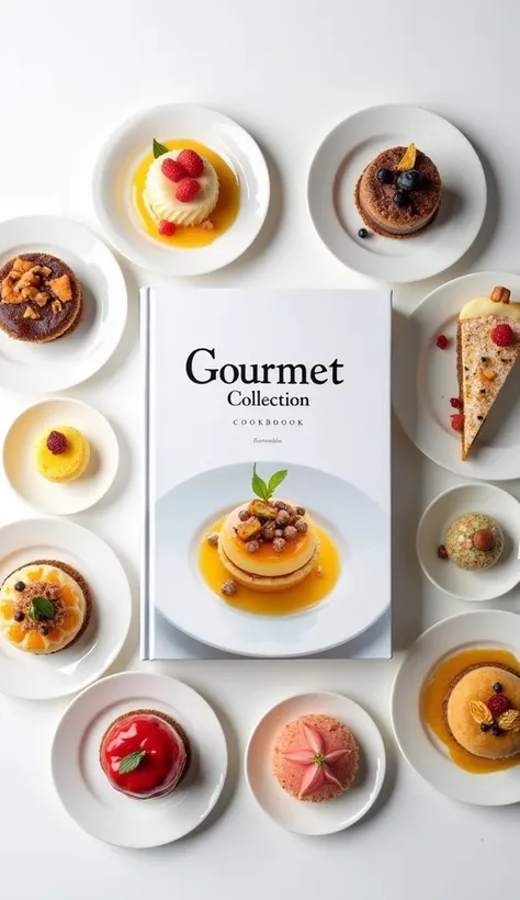 A cookbook with the title "Gourmet Collection" with a picture of a delicate looking gourmet food. Surrounding the cookbook are variety of expensive looking desserts. White background and white plates.