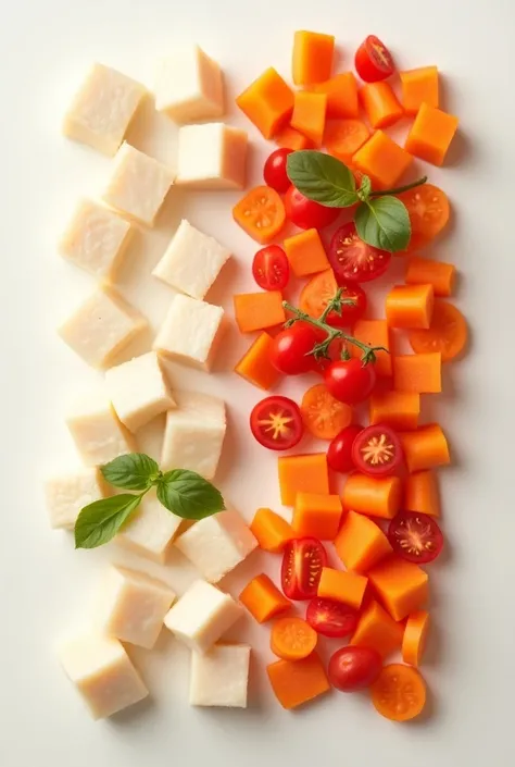 Baby food : White fish in small pieces with tomatoes and carrots in small cuts separately,  Separate ingredients, aerial view 