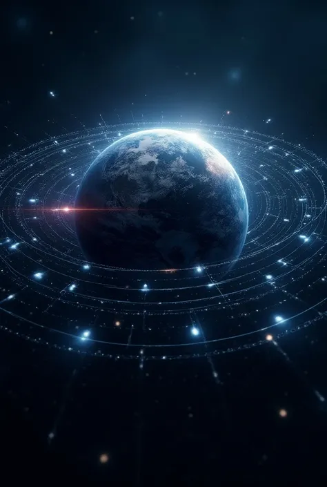 Earth surrounded by starlink satellites like blanket connected by communication line

Represent in cosmic level

A big earth surrounded by blanket of almost 100 satellites 
