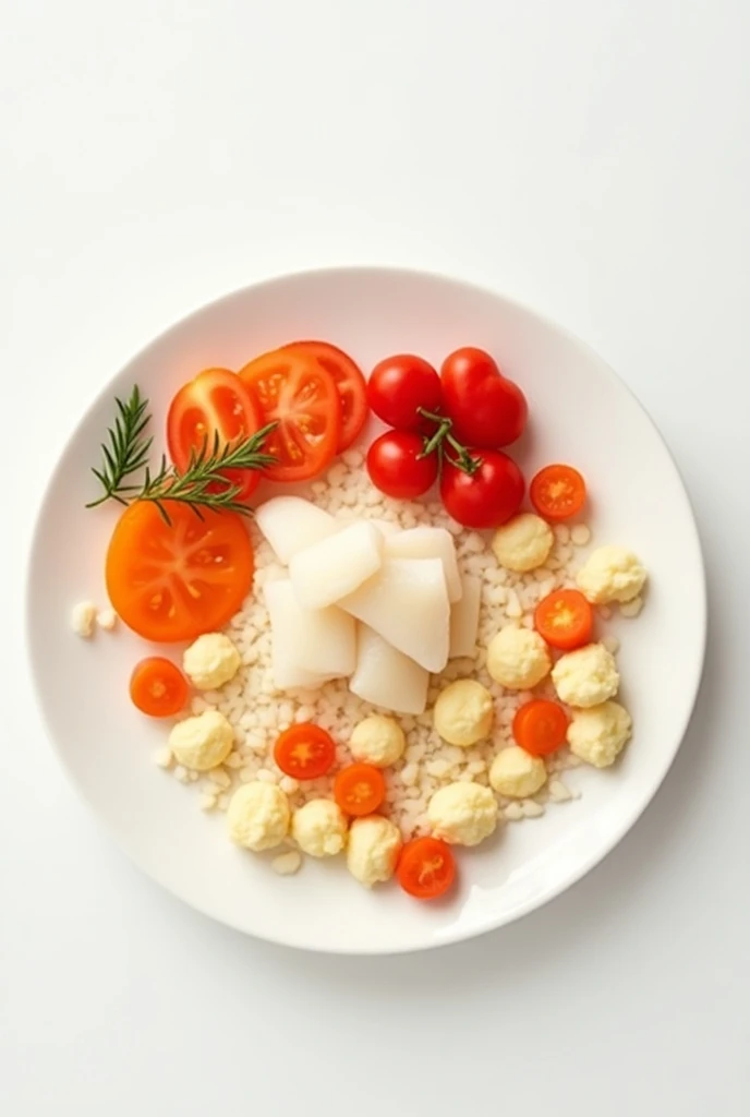 Baby food : White fish in small pieces with tomatoes and carrots in small cuts separately,  Separate ingredients all on one plate aerial view 