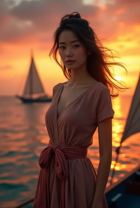 Portrait of a young Thai woman in a confident traditional Thai dress standing on a boat at sunset. Her expression was characterized by striking blue eyes, and the wind gently blew through her dark hair. The background features an ocean and sails, with the ...