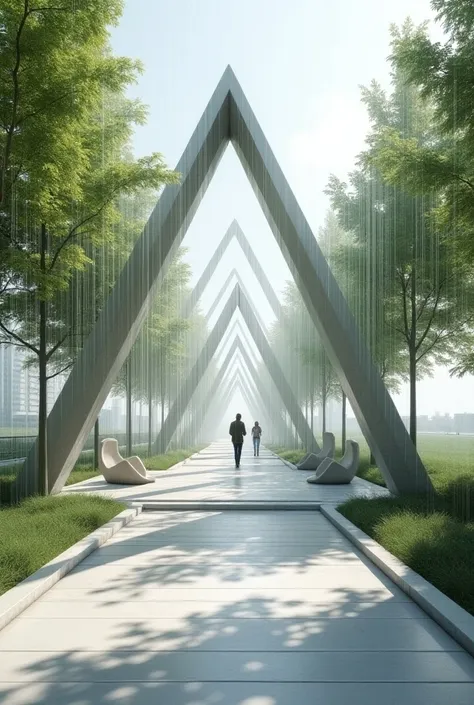 Architectural professional 3D rendering of the design of a walking space that is 20 meters long and 5 meters wide. In the middle of this walking path there is a glass curve   Triangle tunnel, in which there are curved stone chairs for sitting. The tunnel i...