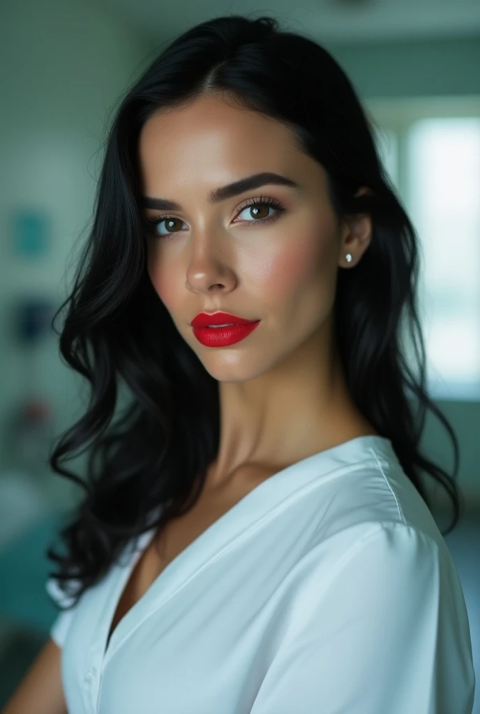 Nurse with black hair and red lipstick