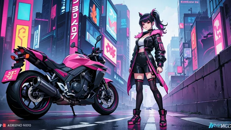 work of art, Better quality, Confident cyberpunk girl, full body shot, ((standing in front of the motorcycle)), pop-inspired Harajuku outfit, bold colors and patterns, attractive accessories, modern and innovative hairstyle, vibrant makeup, Stunning cyberp...