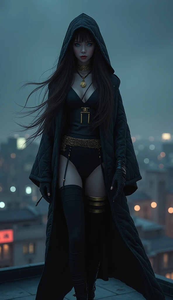 night,Night,On the roof, Character Design ,An Assassin , Japanese Fairy Woman , Brown long hair shawl ,blue eyes,Pointed ears,,detail, Wearing Black Leggings,Gold Stripes , Black Quilt ,,reality,  Ultra HD, Ukiyo-e, 