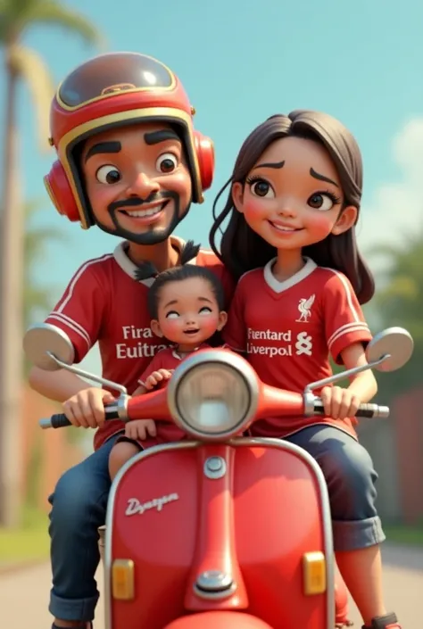 3D caricature image , keluarga terdiri dadi bapak memakai helm wearing a liverpool jersey  berwajah indonesia , ibu memakai jilbab wearing a liverpool jersey  berwajah indonesia dan anak perempuan berumur 3 tahun ber wajah indonesia  memakai kuncir rambut ...