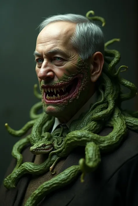 Netanyahu prime minister of Israel he is looking like parasite body covered with green fungus warms are crawling on his body he has sharp teeth and blue white eyes like snake 
his face can be clear and identifiable. 