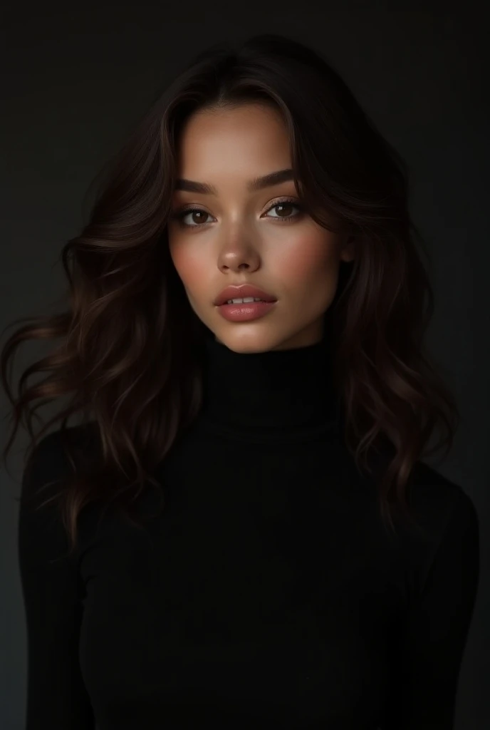 beautiful,  skinny mulatto girl with wavy long brown hair.  brown eye , lips are small ,in black oversized