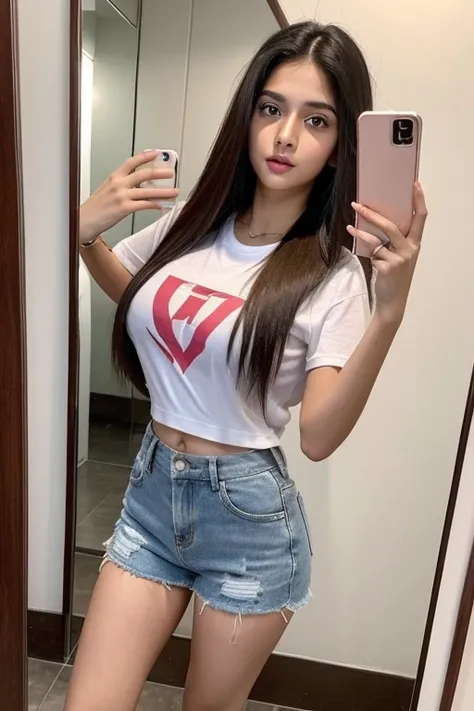 Indian Girl Influencer, tshirt and mini paavada full body mirror selfie, Big Breast, sexy, Long Straight Hair: 1.6, white skin 