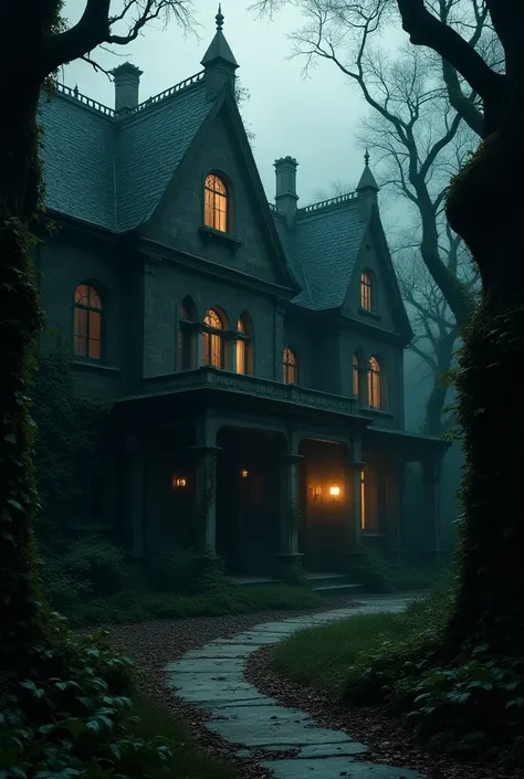 A dark manor with twisted architecture, haunted by demonic entities, overgrown with sinister vines, moody lighting, gothic details, dramatic shadows, intricate ornamentation, haunting atmosphere, occult symbols, ominous presence, unsettling ambiance, cinem...