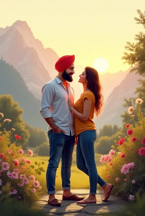 HD image in a mixed oil painting and watercolor style, featuring a Sikh man and his wife smiling at each other in a beautiful garden during an evening sunset. Both are dressed in casual attire, wearing jeans and stylish plain shirts. Their romantic express...