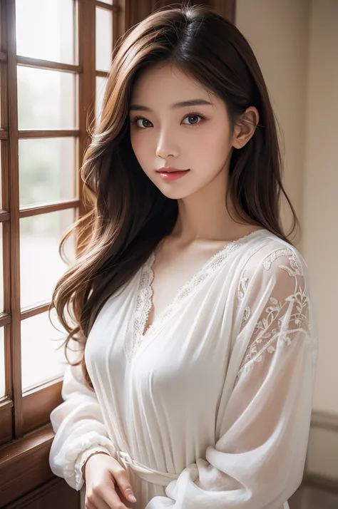 8K Ultra Resolution、Beautiful woman、One Woman、 dark brown hair throughout the church:1.1、Ultra detailed face、Detailed lips、important、(Eyes are focused)、double eyelid、Princess Eye、 beautiful Japanese woman wearing a G jacket、 beautiful Japanese woman wearin...