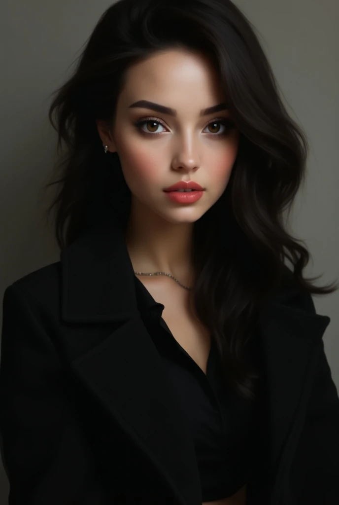 beautiful,  is all covered in a black dress.  brown eye , lips are small ,in a black coat 